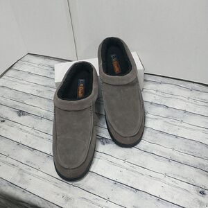 LB EVANS EDMONTON GRAY MEN'S SZ 12 LEATHER SLIPPERS 7530 FAUX FUR.